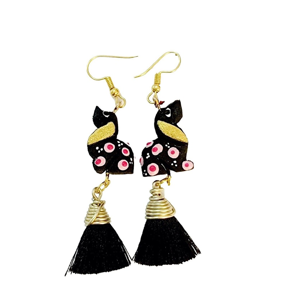 Dog Statement Earrings Tassels Handmade Hand Painted Mexican Folk Art